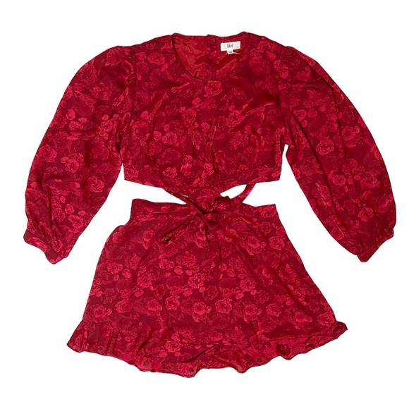 RAHI NWD Flora Cutout Mini A Line Dress Red Sz L Tie Back Button Back 7/8 Slv - Picture 4 of 8